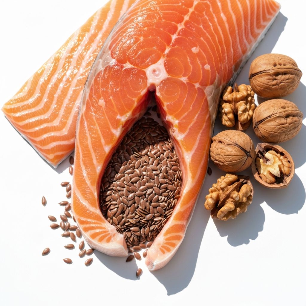 Natural omega-3 sources including fish, seeds and nuts