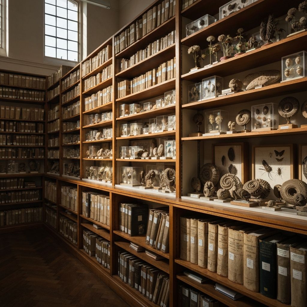 Research library with botanical reference materials and scientific documentation
